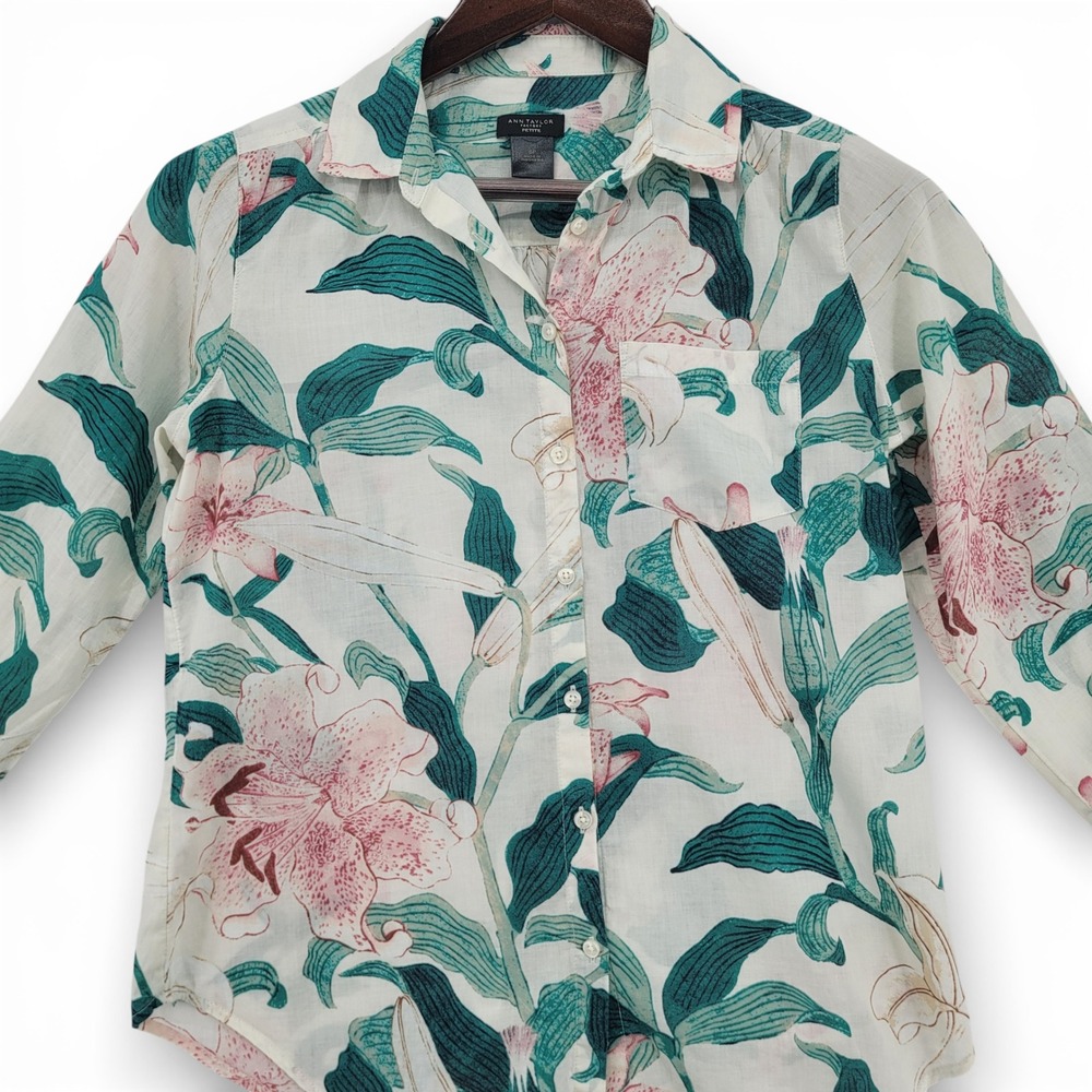 Ann Taylor Factory Petite Womens SP Blouse Cotton‎ Floral Green Pink